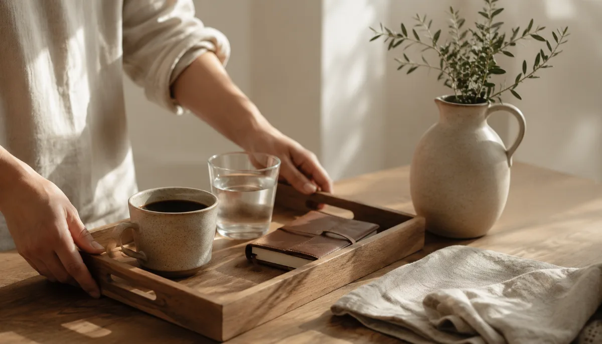 Simple morning tray with coffee, water and a small journal