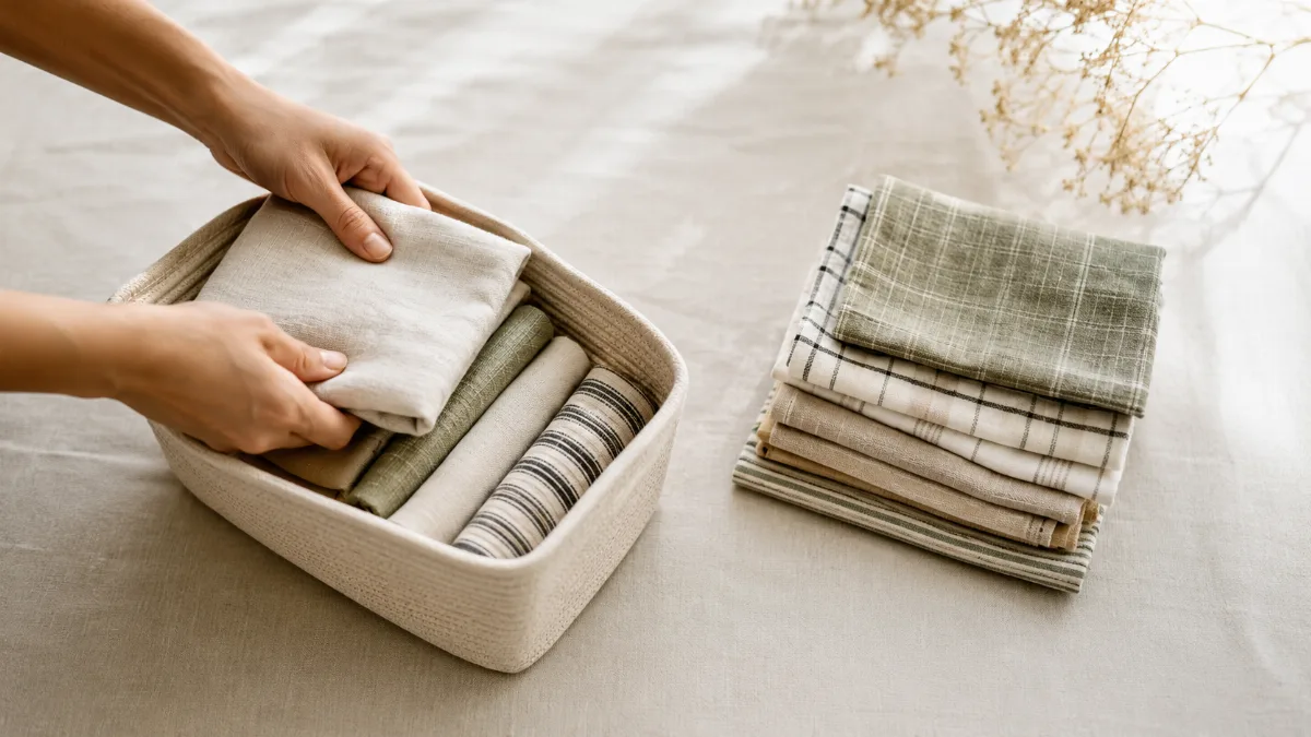 Hands folding items into a small storage basket