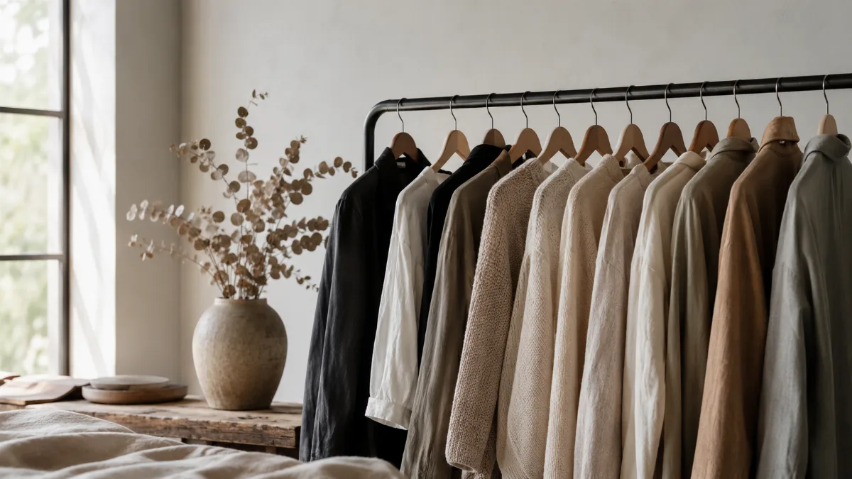 Clothing rail holding a tidy capsule of neutral garments