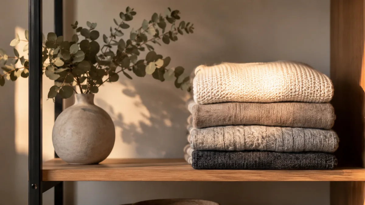 Folded sweaters stacked neatly on an open shelf