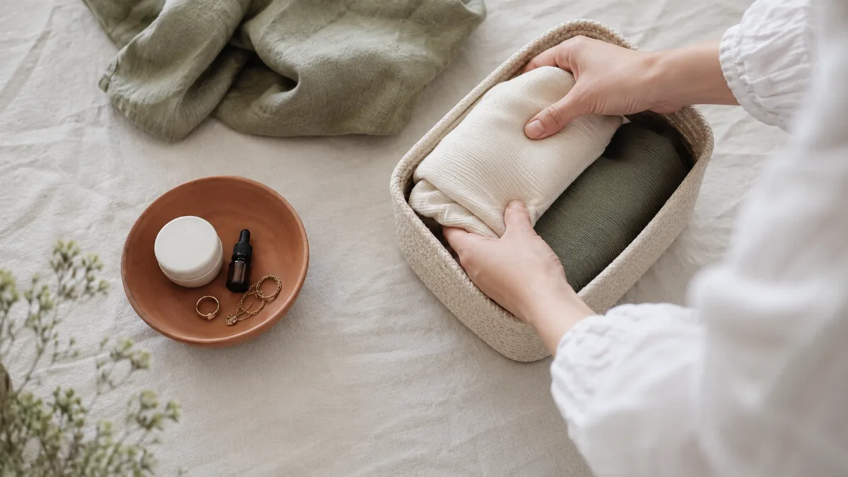 Hands folding items into a small storage basket
