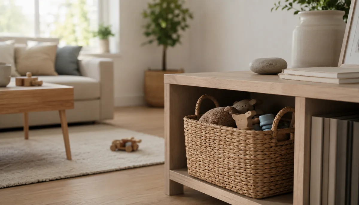 Family living room with a basket of toys neatly tucked away