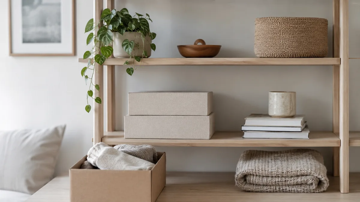 Tidy shelf mid-organization with a few items set aside in a box