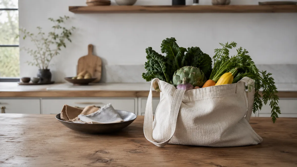 Cloth produce bag of vegetables on a wooden kitchen counter