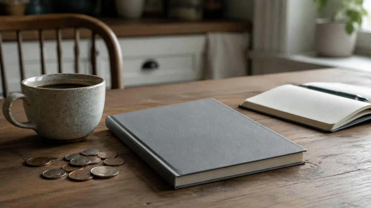 Kitchen table with a plain notebook, a few coins and a cup of coffee