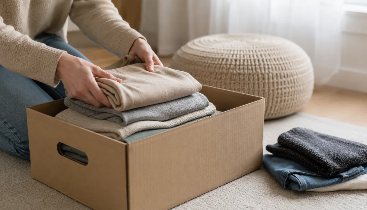 Donation box being filled with folded clothes on the floor