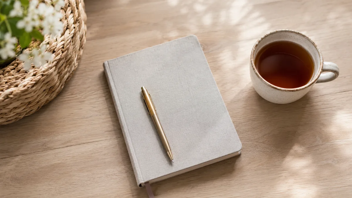 Tidy desk with a notebook and a cup of tea