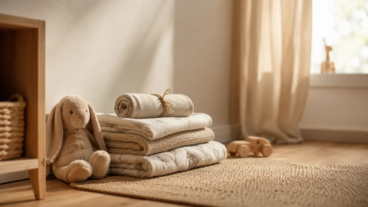 Simple child's room with folded blankets and a soft toy