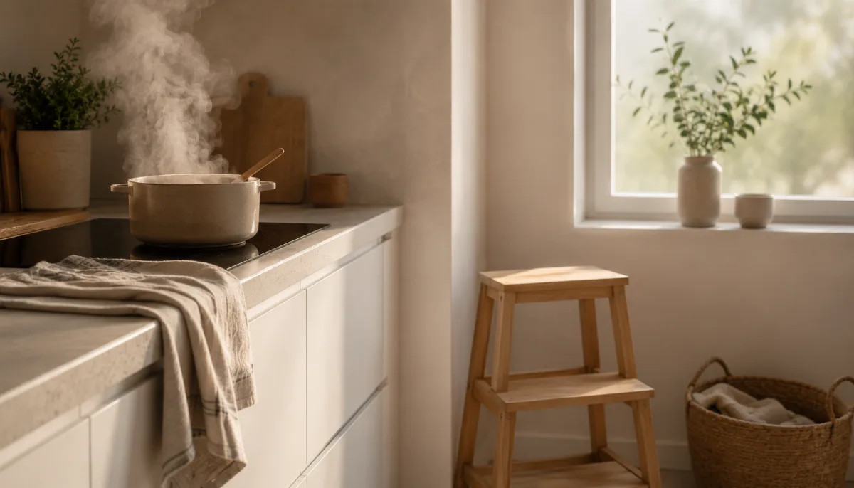Calm family kitchen corner with a small step stool