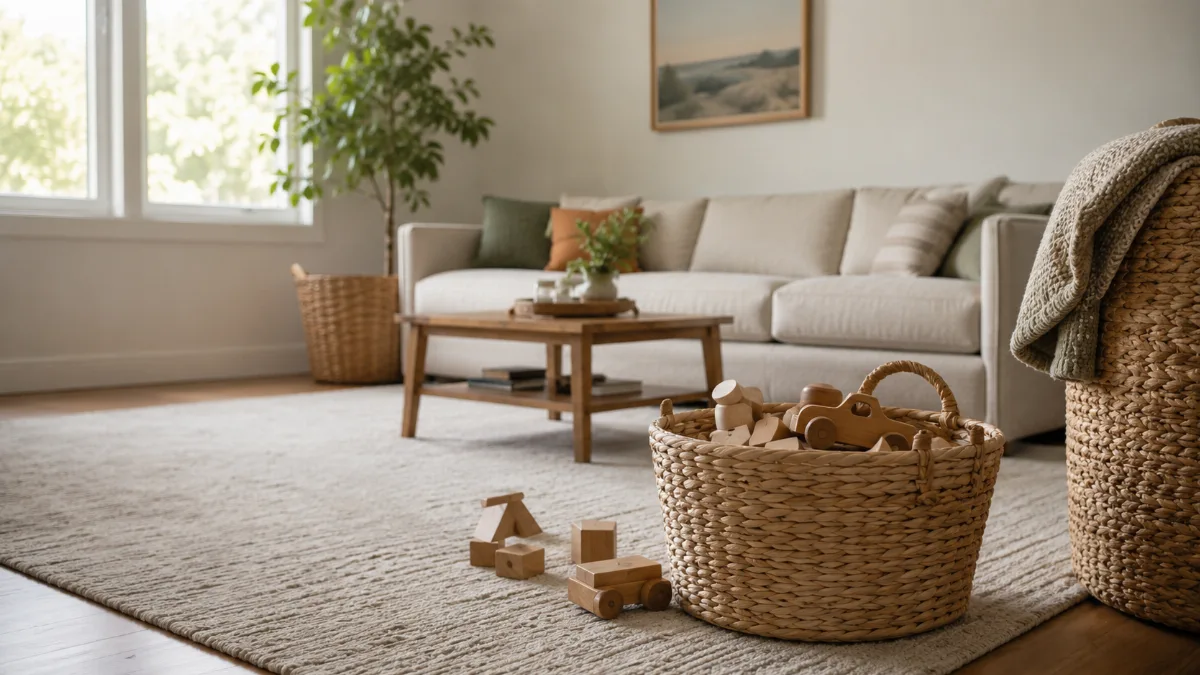 Tidy family room with a basket of wooden toys