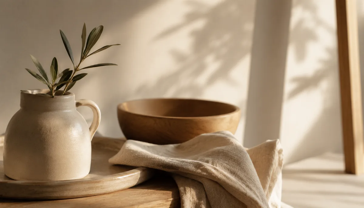 Calm minimalist interior with natural light and a few simple objects