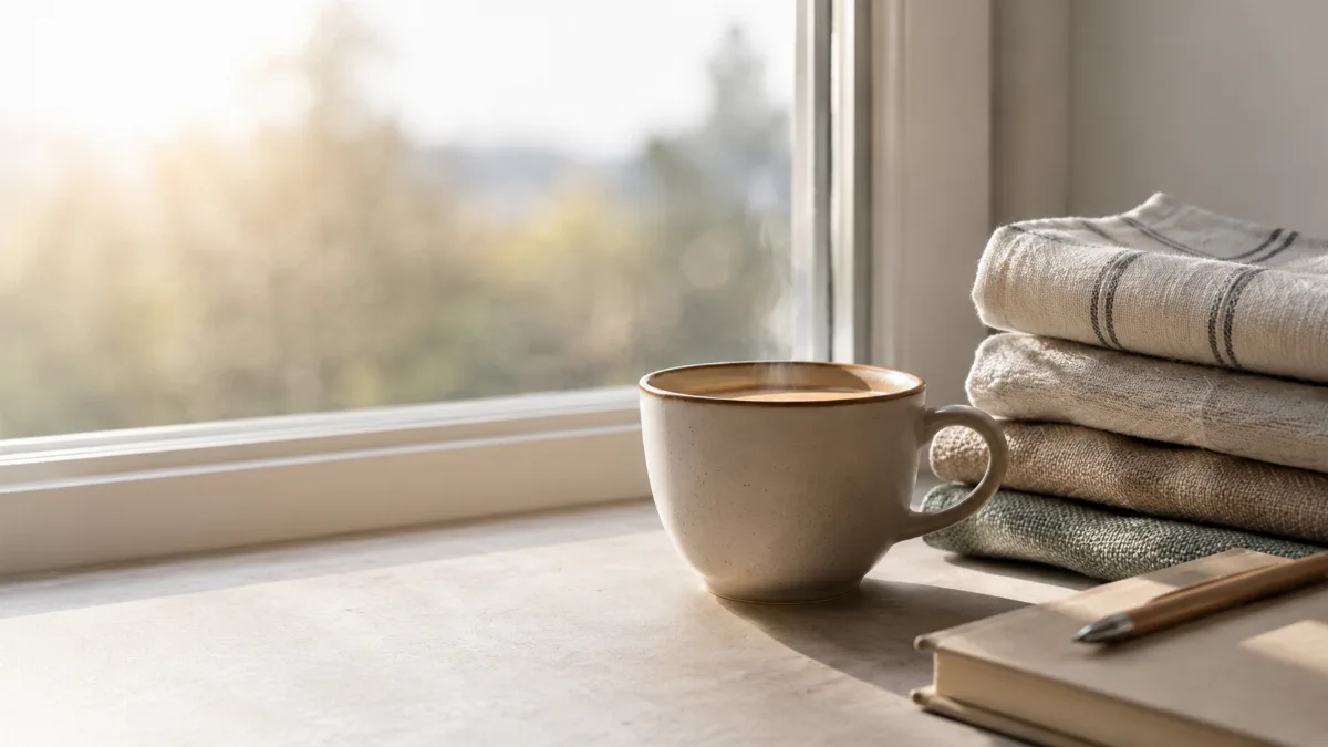 Bright morning scene with coffee and a notebook by a window