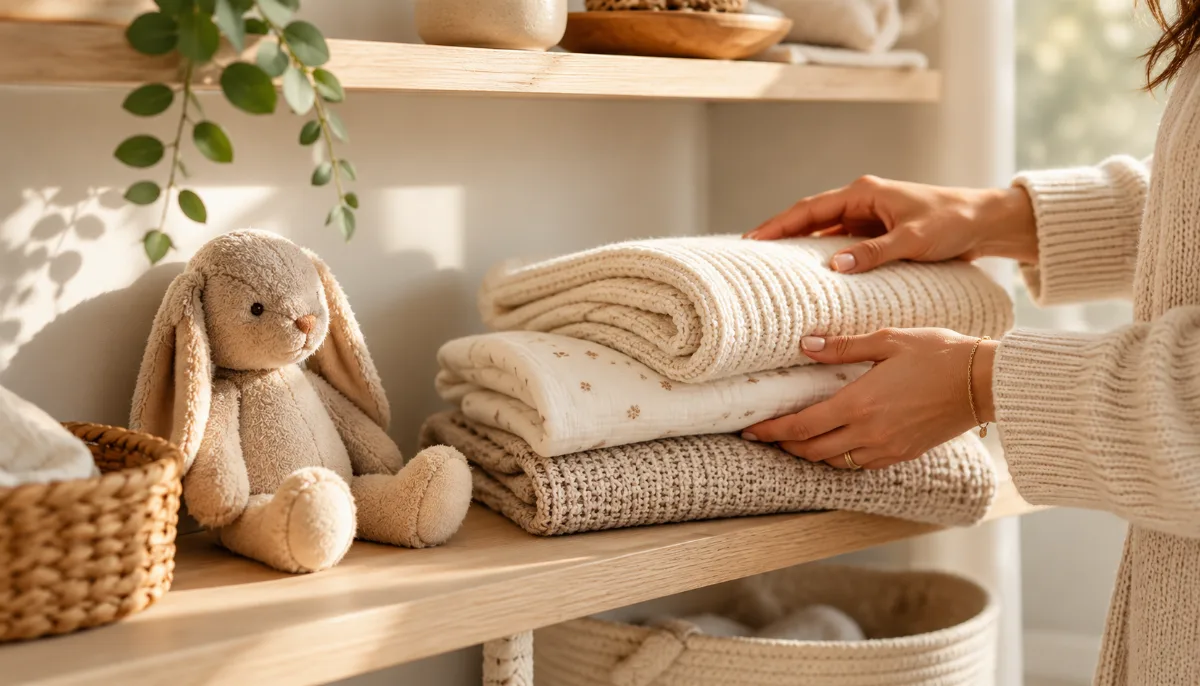 Simple nursery shelf with folded blankets and a small toy