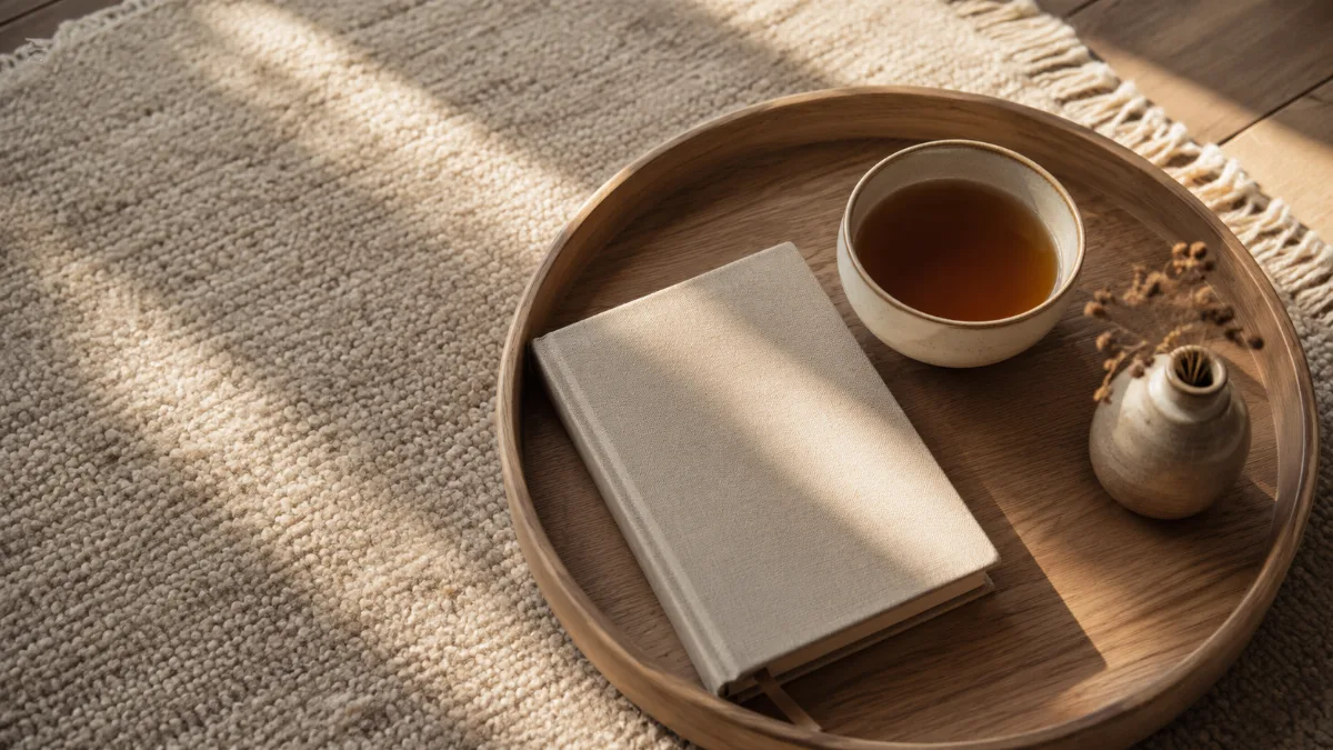 Simple morning tray with tea and a journal