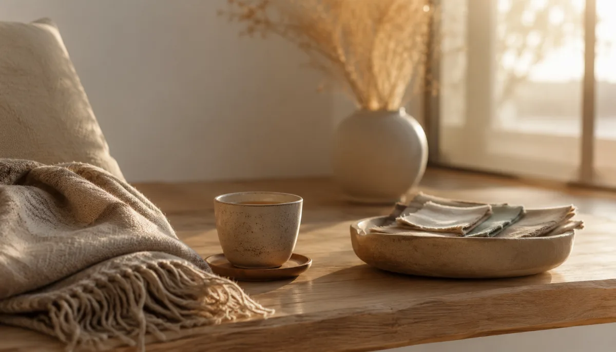 Calm evening corner with tea and a folded blanket