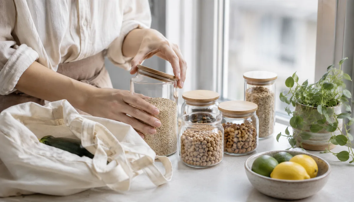 Reusable jars and a cloth bag with a small potted plant
