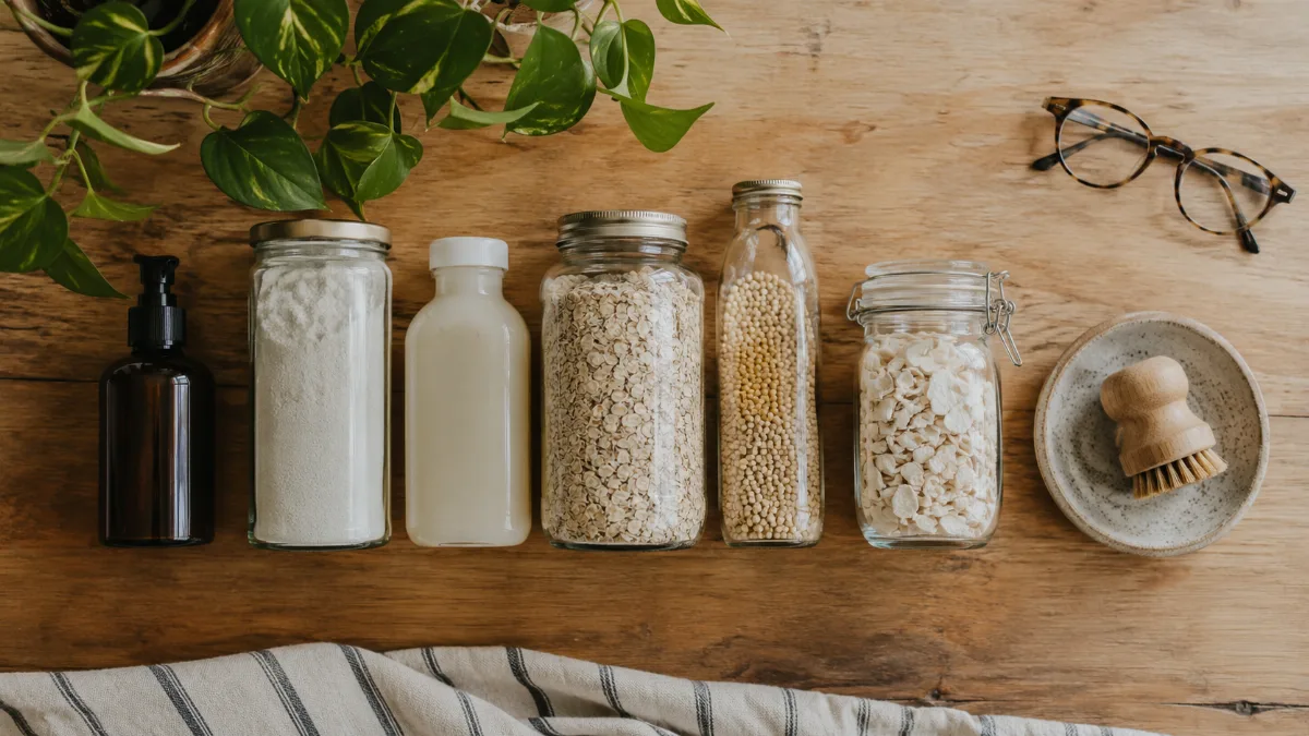 Refillable containers and a leafy plant on a wooden counter