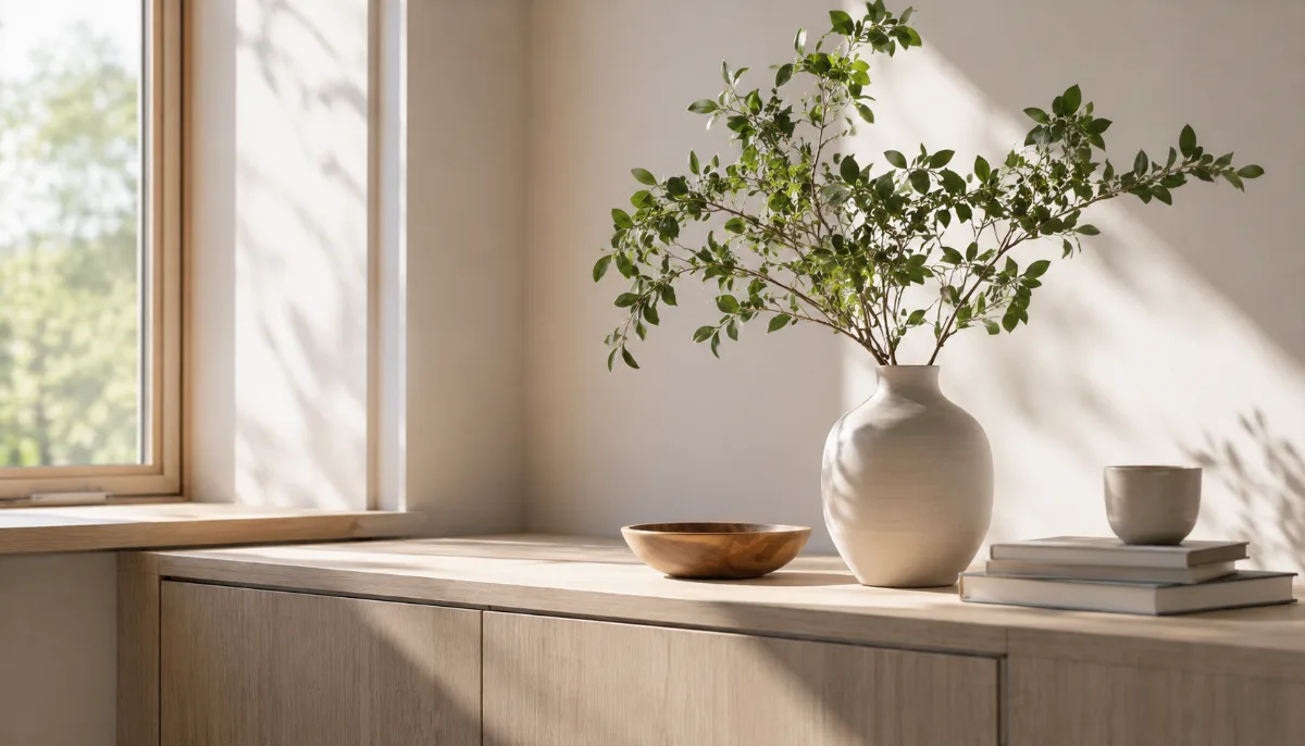 Calm minimalist interior with natural light and a few simple objects