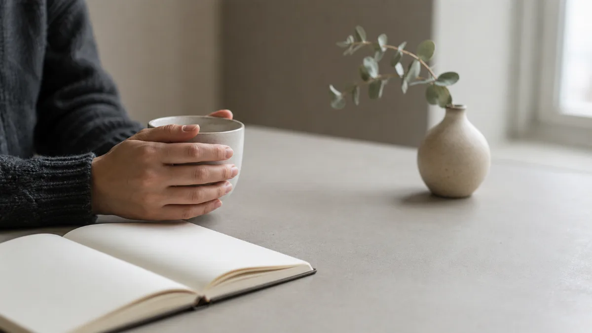 Calm minimalist interior with natural light and a few simple objects