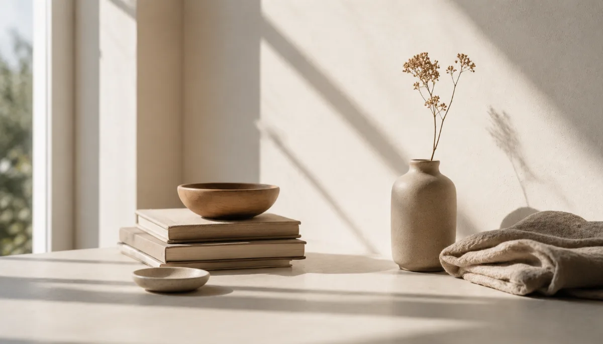Serene styled vignette with neutral tones and soft daylight