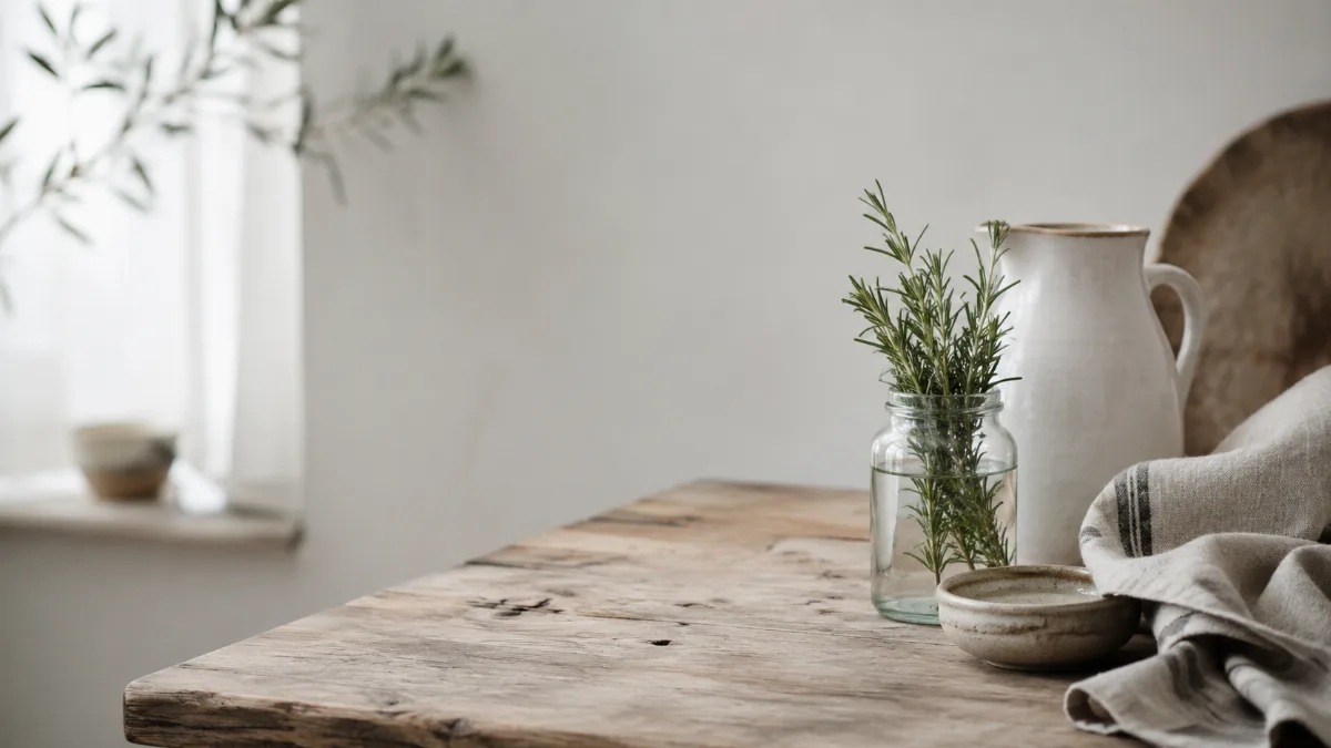 Serene styled vignette with neutral tones and soft daylight