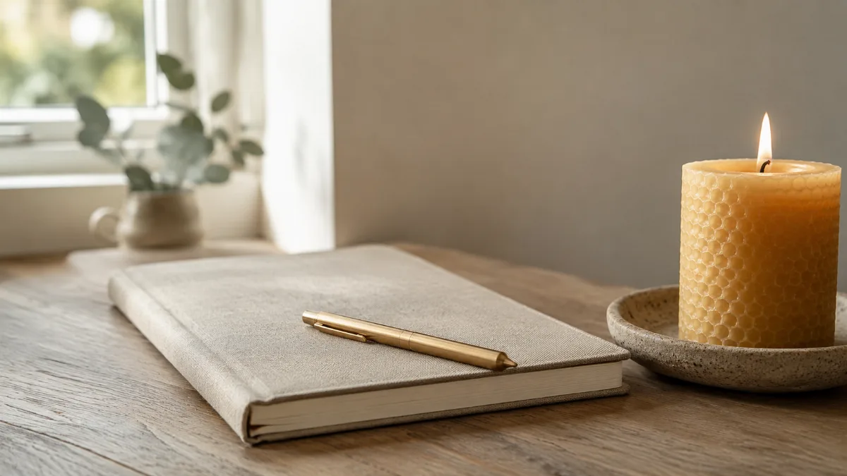 Uncluttered workspace with a single notebook and pen