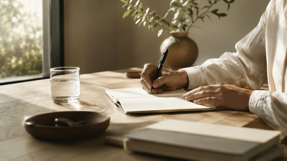 Uncluttered writing desk bathed in soft daylight