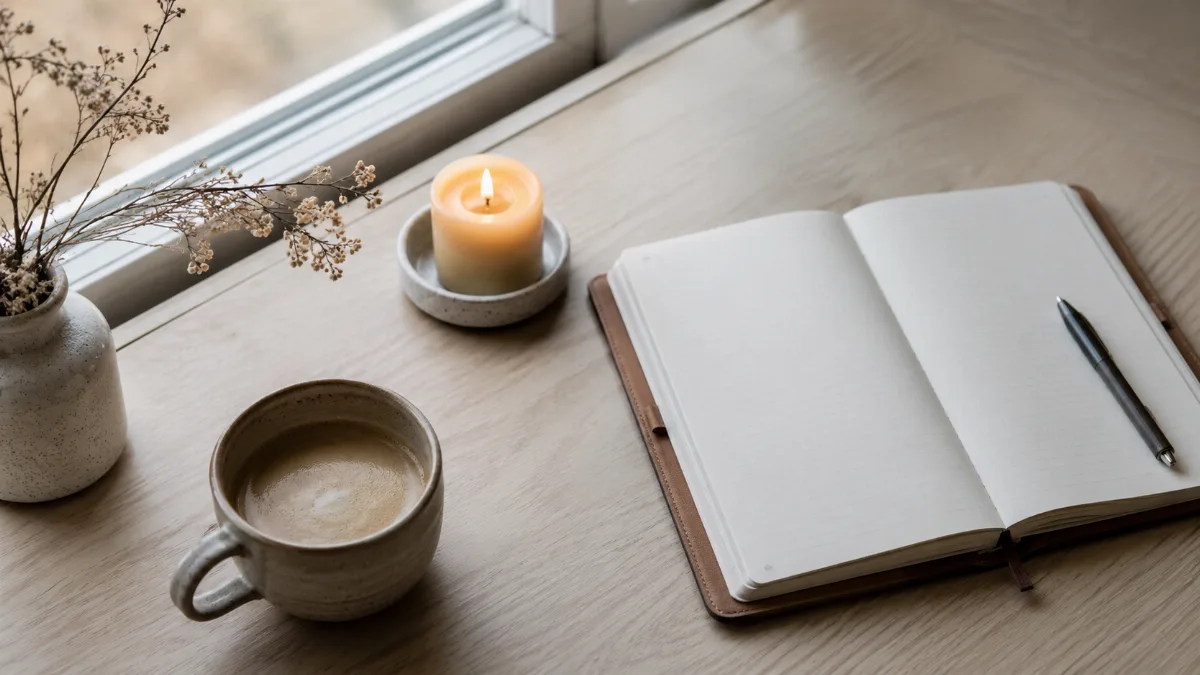 Clean desk by a window with a planner and a cup of coffee