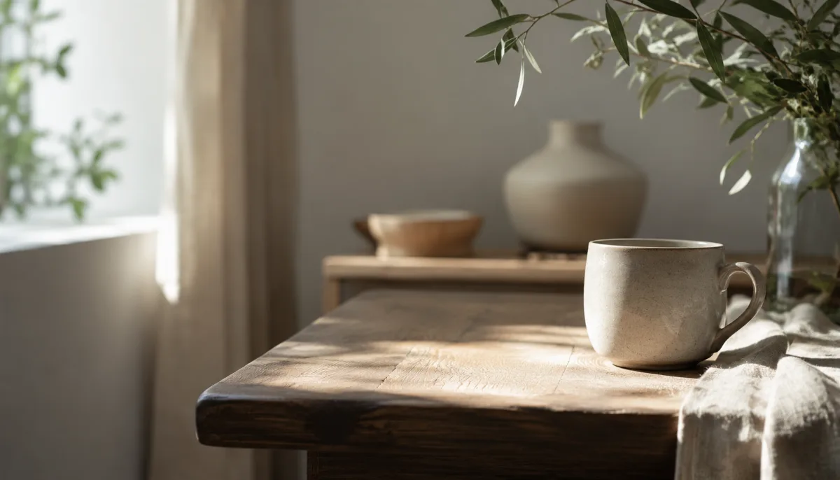 Calm minimalist interior with natural light and a few simple objects