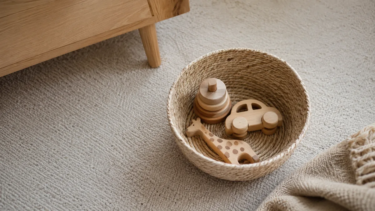 Tidy children's play corner with a few wooden toys in a soft basket
