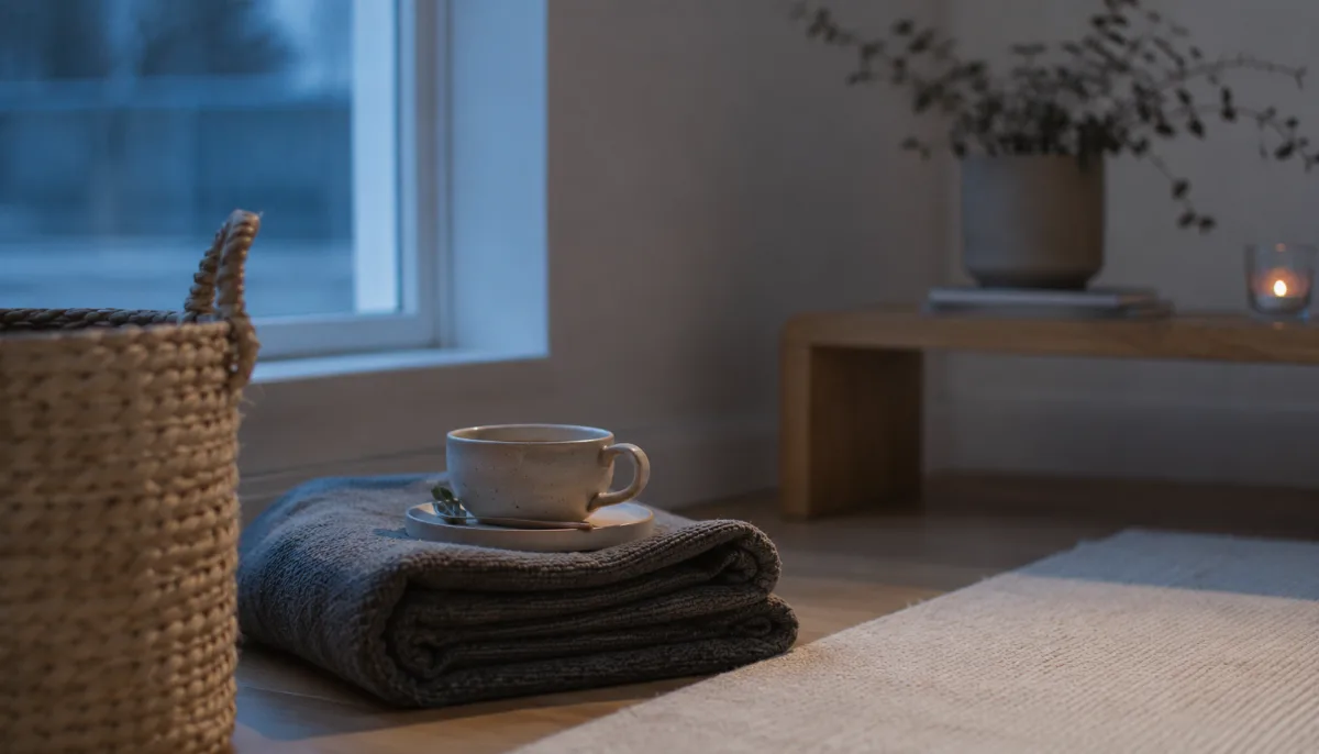 Calm evening corner with tea and a folded blanket