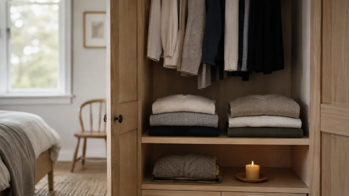 Organized open wardrobe with a small curated set of folded clothes