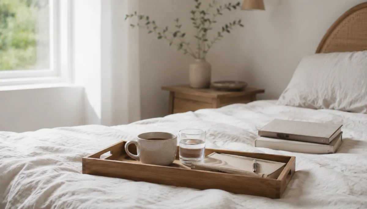 Simple morning tray with coffee, water and a small journal