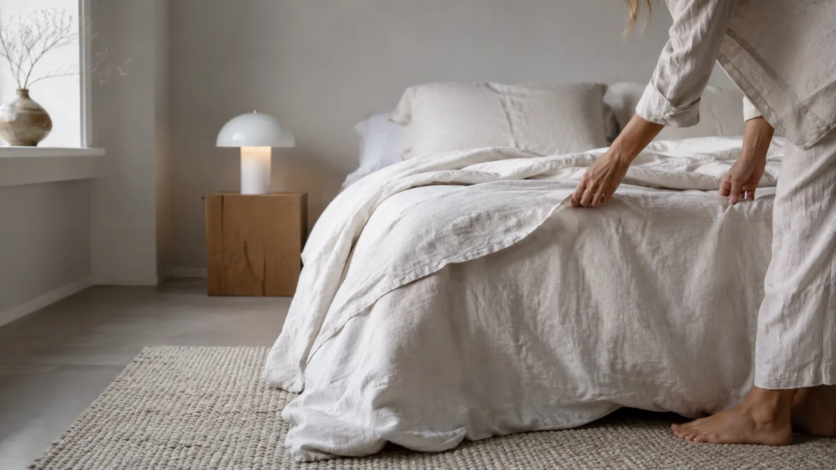 Calm minimalist bedroom with linen bedding and a single bedside lamp