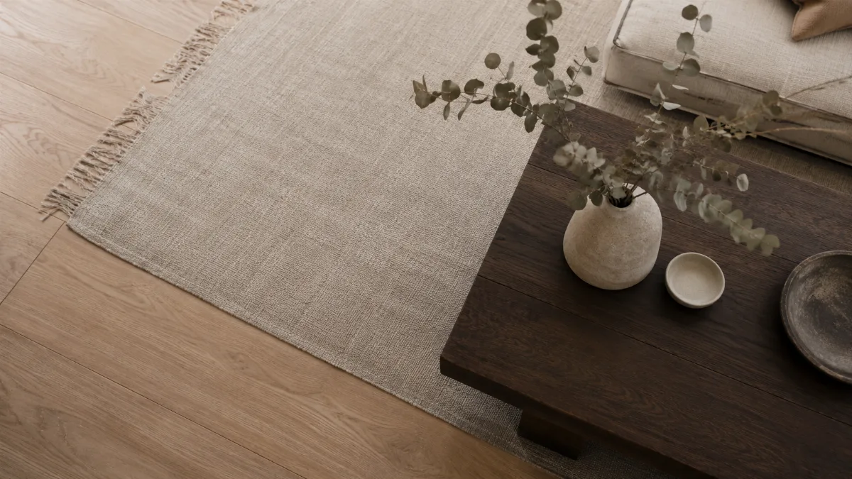 Calm, uncluttered living space with simple low furniture
