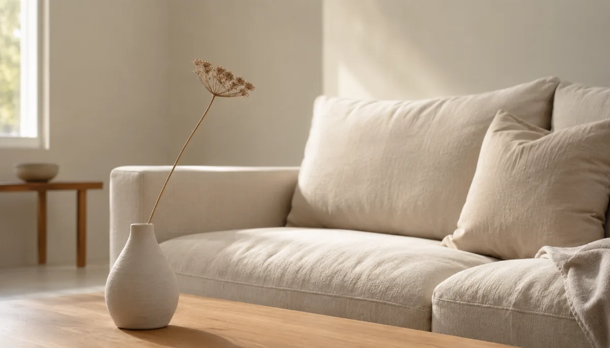Serene living room with a neutral sofa and soft daylight