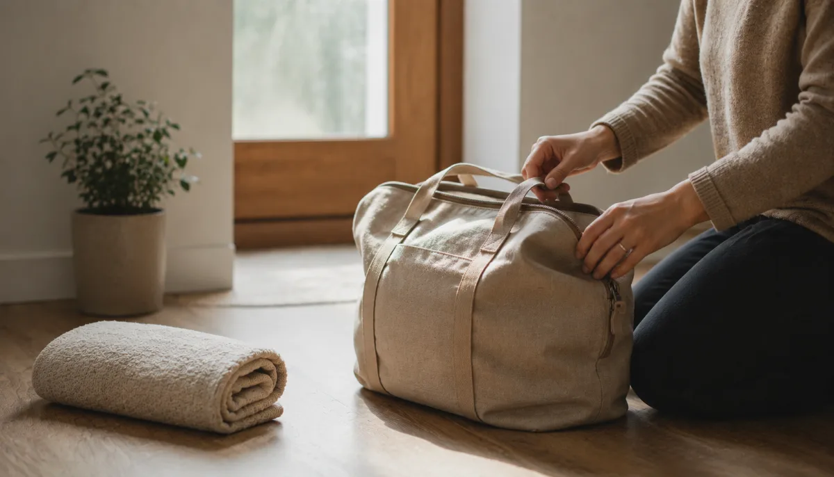Single carry-on bag by a sunlit doorway