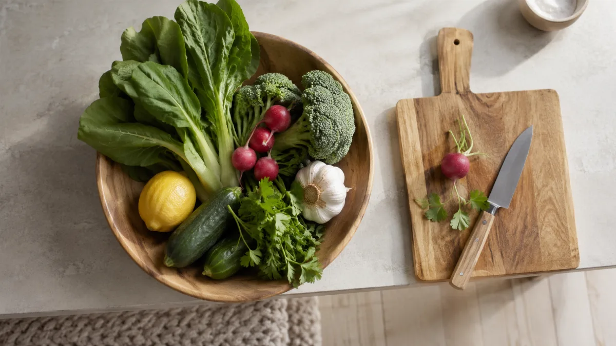 Wooden bowl of vegetables beside a chopping board