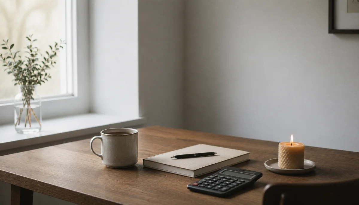 Tidy desk with a calculator, notebook and a cup of tea