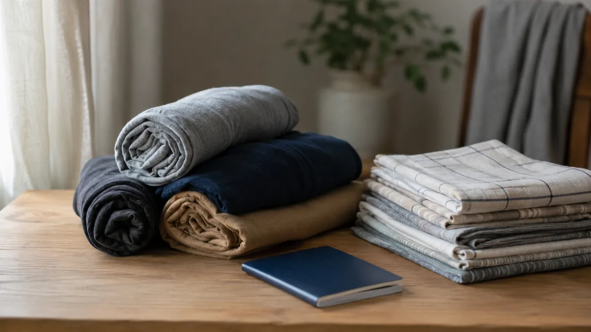 Rolled clothes and a passport arranged on a clean surface