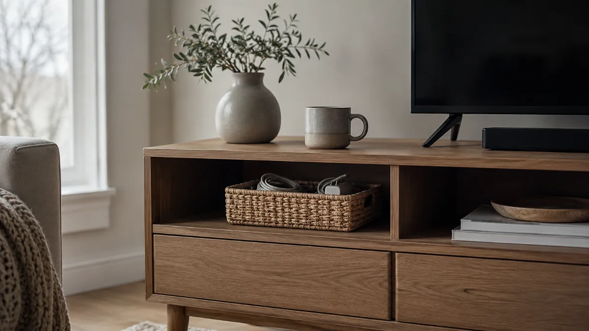 Tidy media console with charging cables tucked into a small woven basket