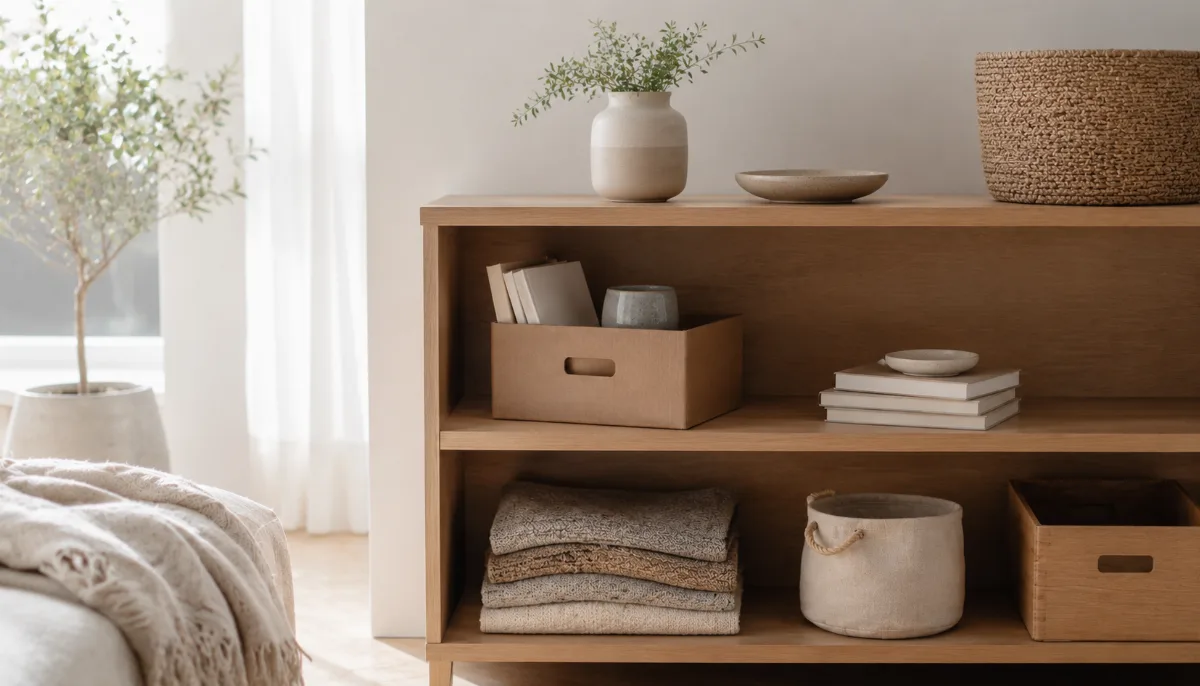 Tidy shelf mid-organization with a few items set aside in a box