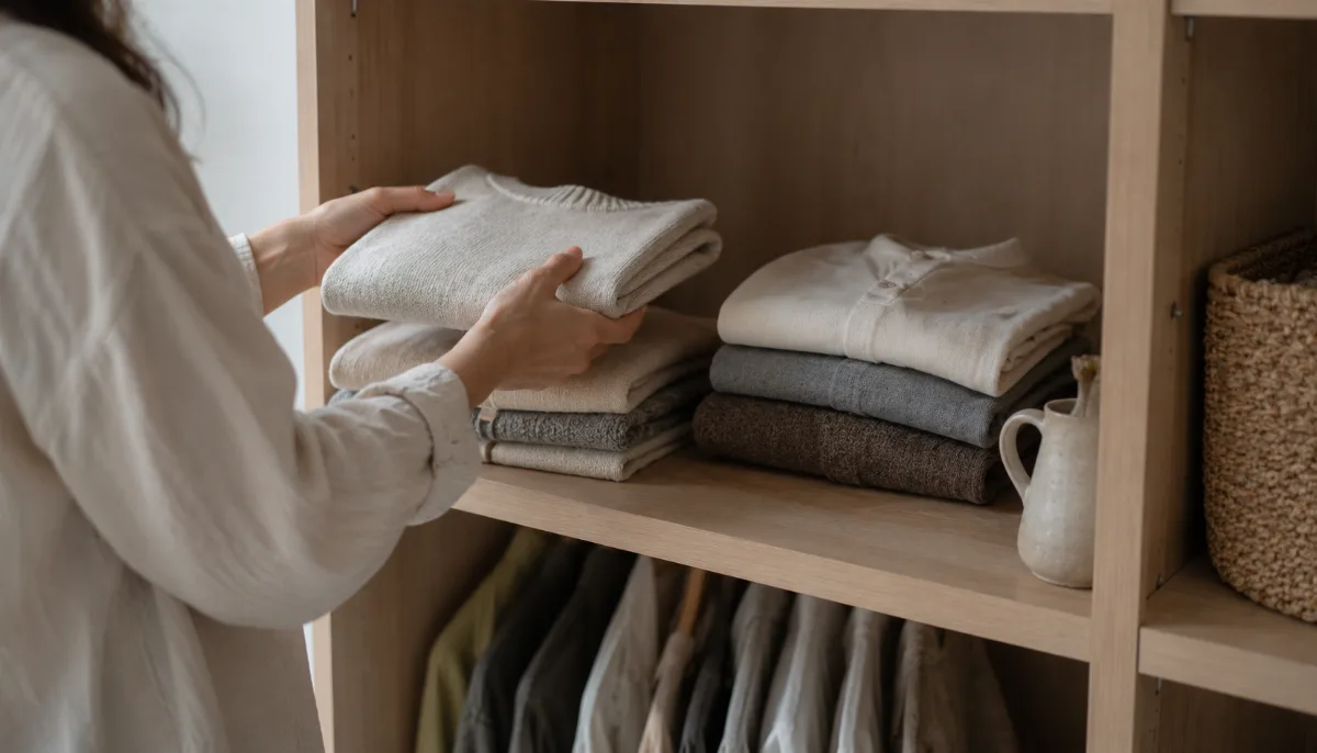 Organized open wardrobe with a small curated set of folded clothes