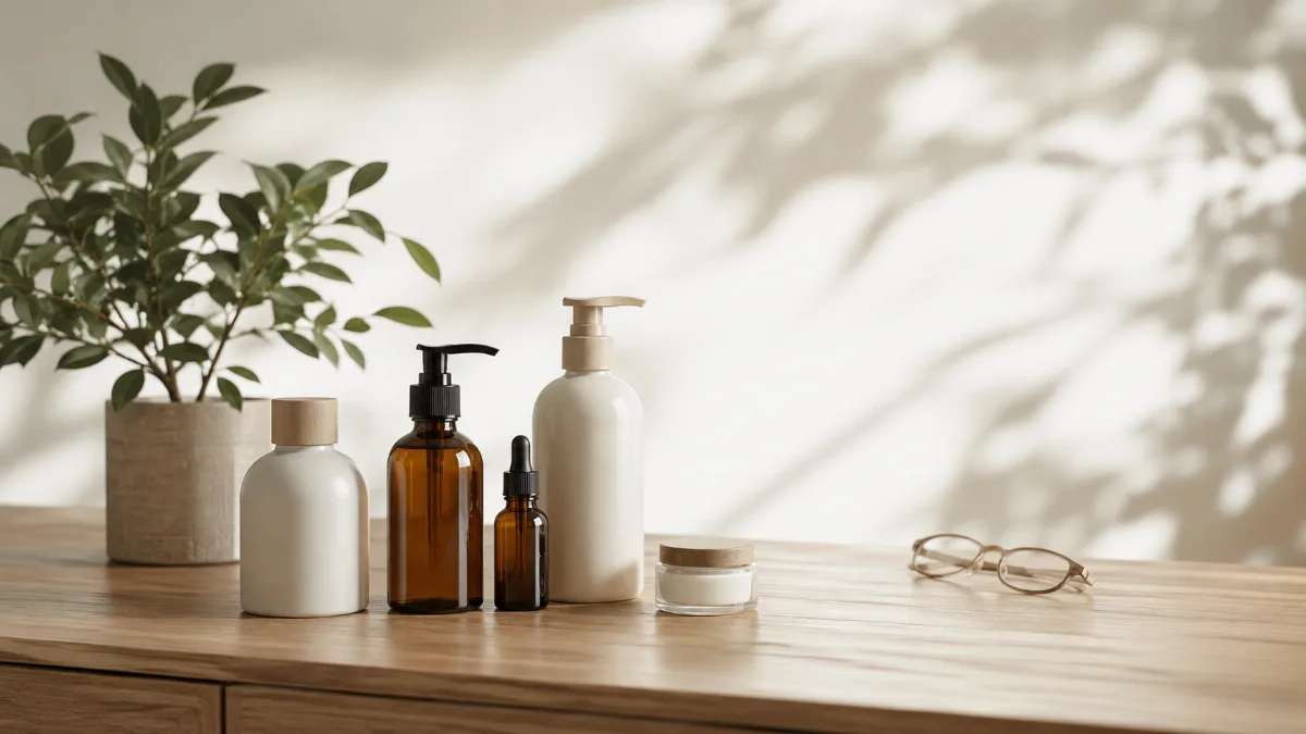 Refillable containers and a leafy plant on a wooden counter