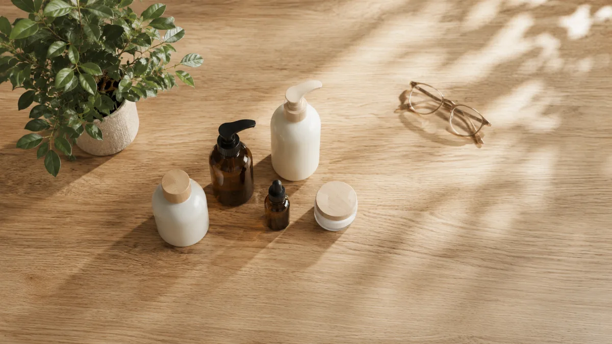 Calm kitchen counter with fresh simple ingredients on a wooden board