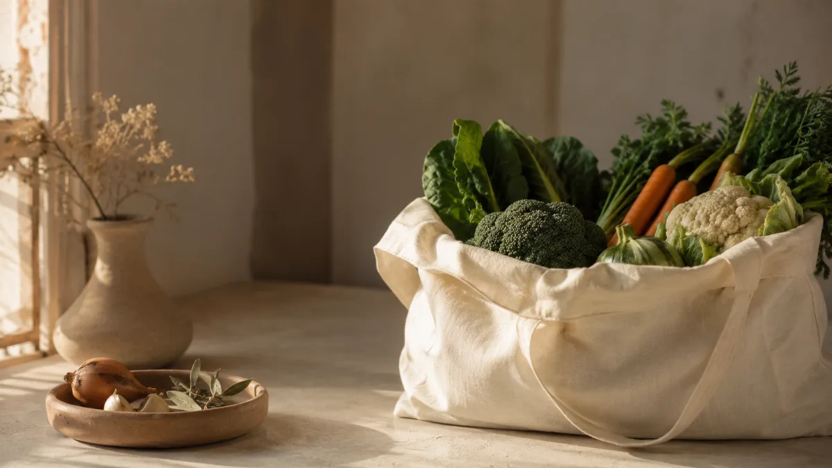 Cloth produce bag of vegetables in soft light