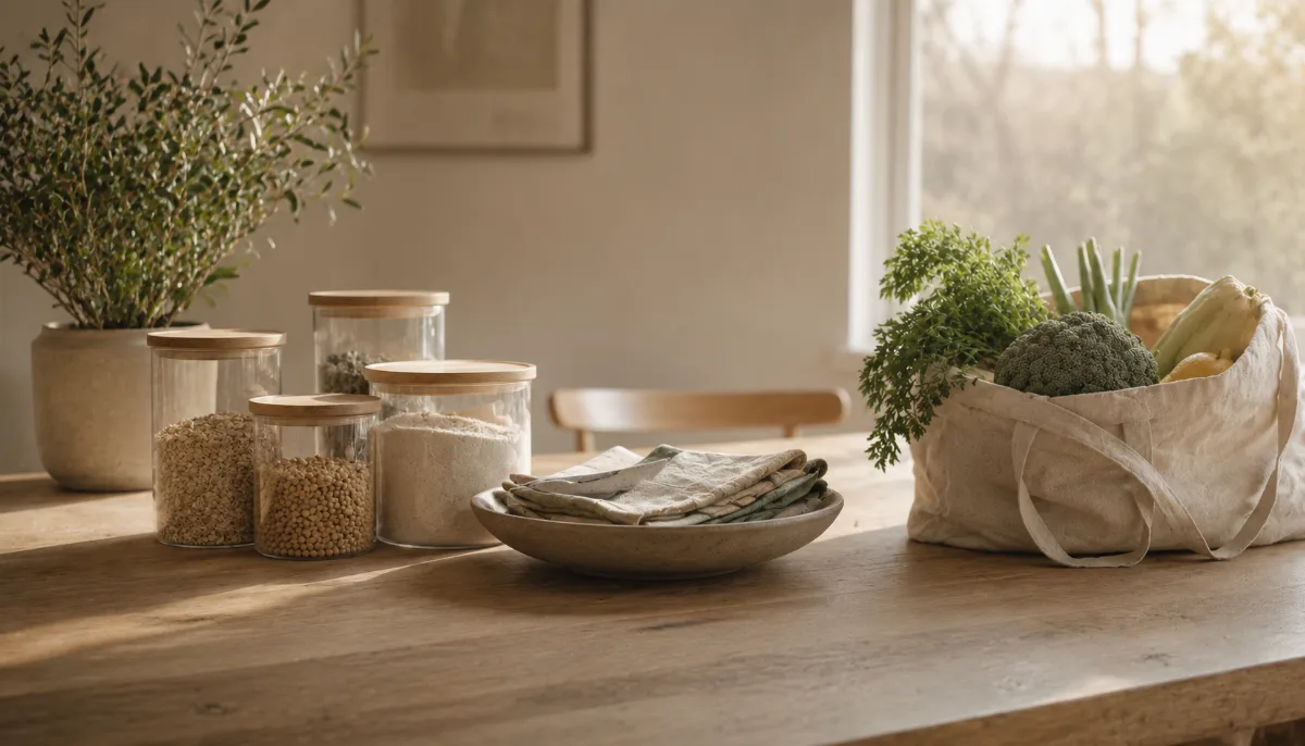 Reusable jars and a cloth bag with a small potted plant