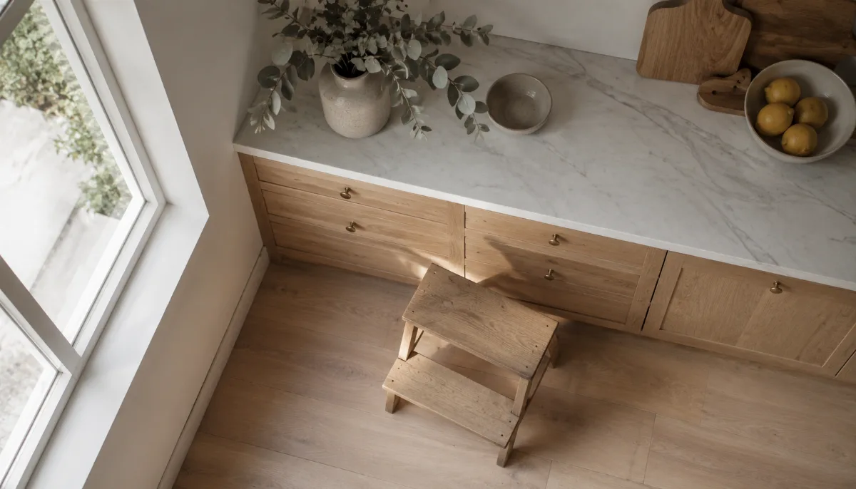 Calm family kitchen corner with a small step stool