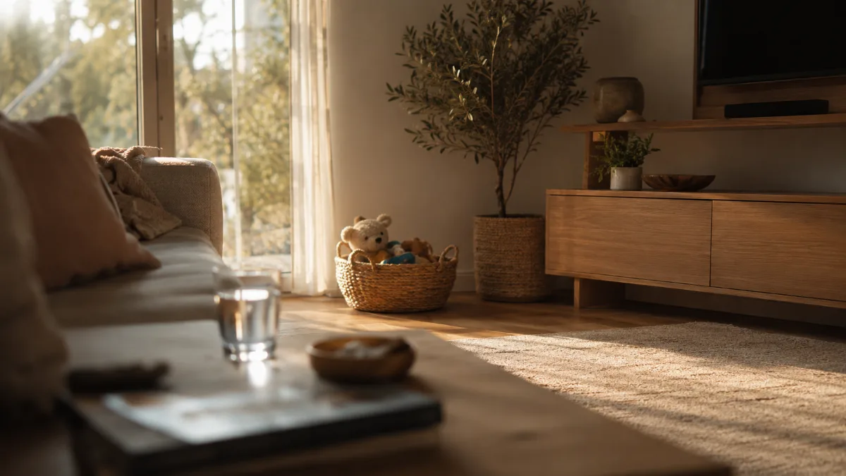 Family living room with a basket of toys neatly tucked away
