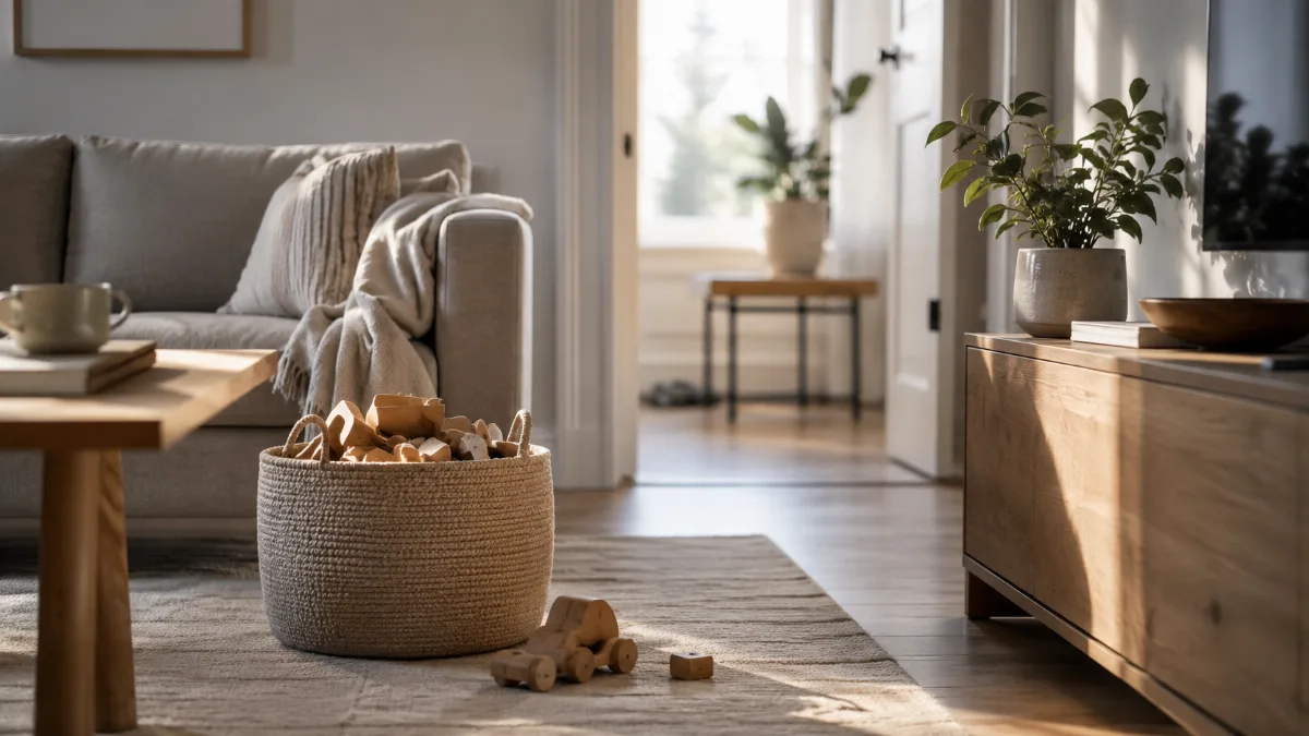 Tidy family room with a basket of wooden toys